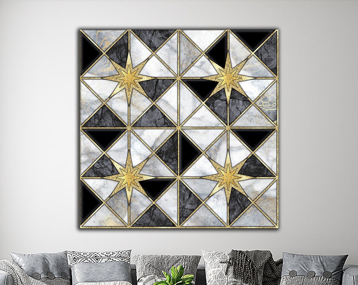 Black White Gold Geometric Star Marble Pattern Luxury Tile Wall Art