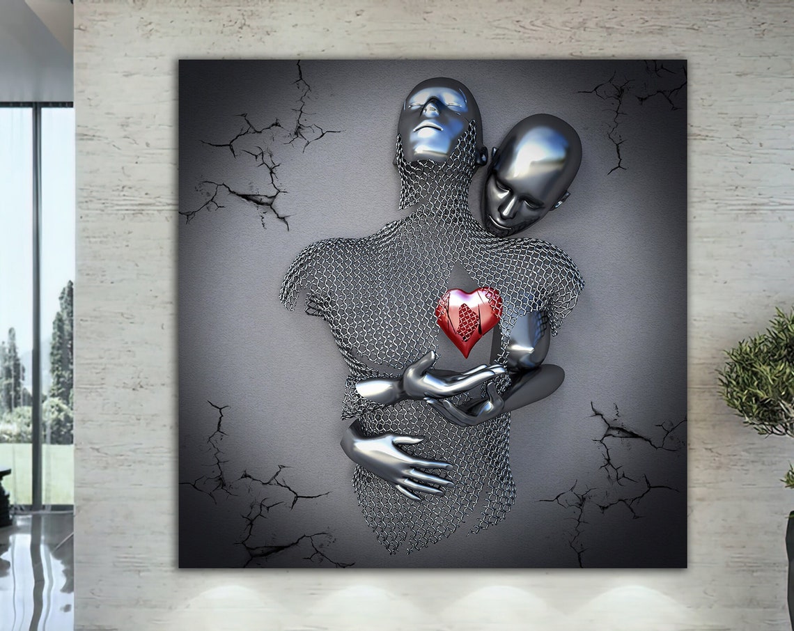 Chrome Couple Red Heart Crackled Gray Metallic 3D Romantic Wall Art