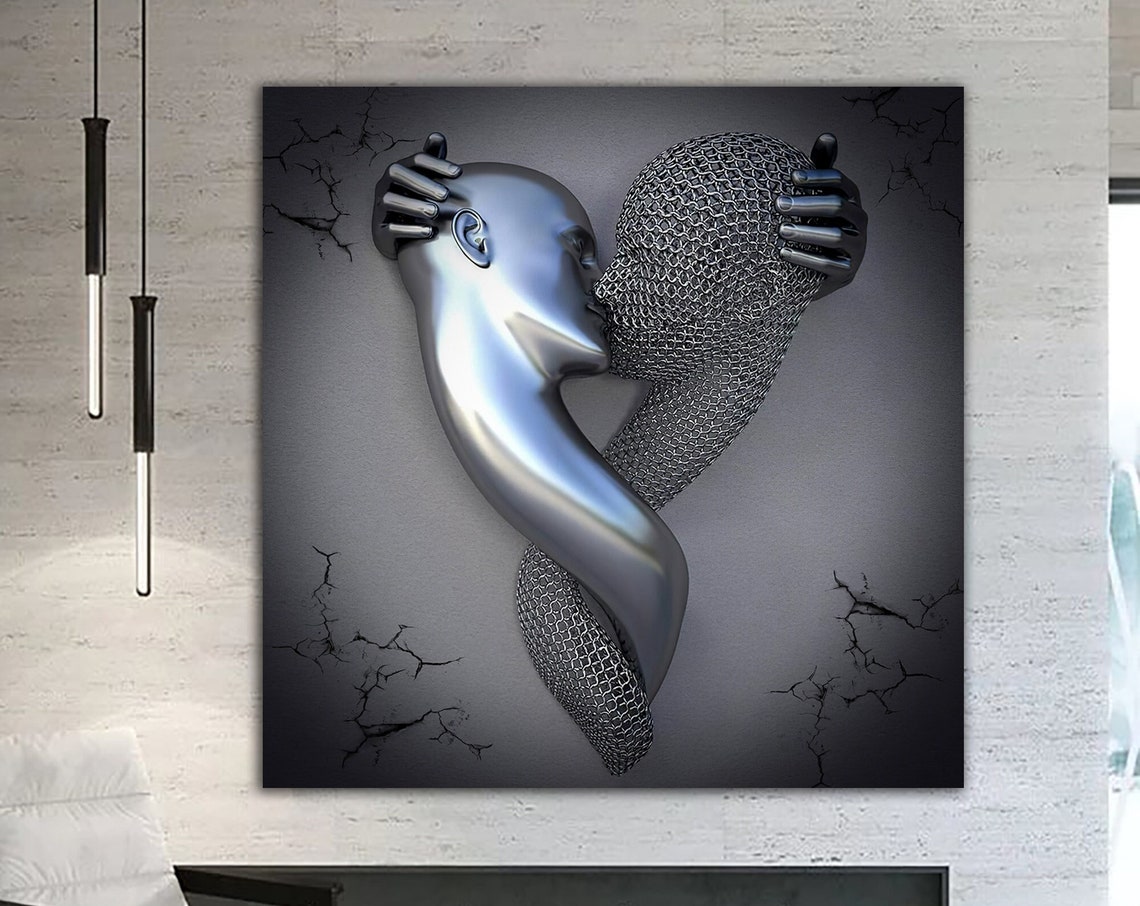 Silver Metal Couple Kiss Chainmail Bodies Cracked Backdrop Poster