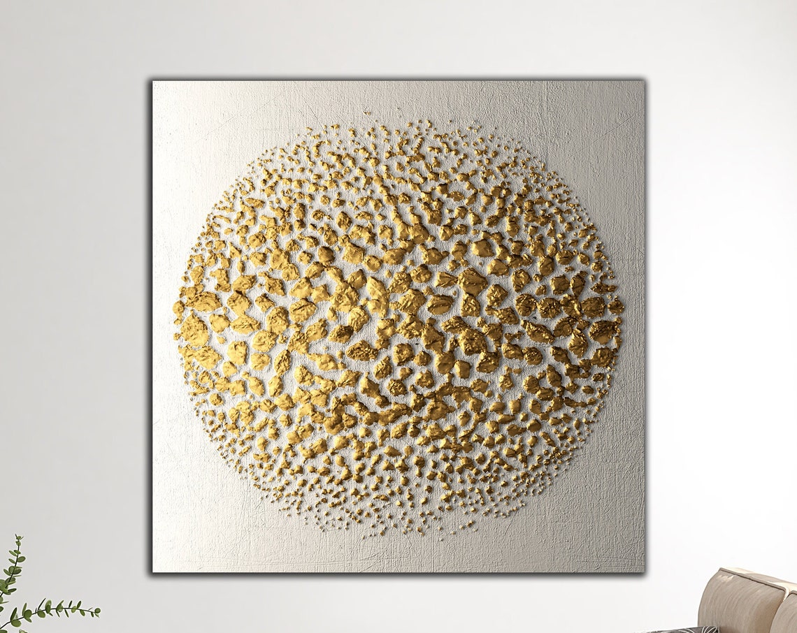 Gold Textured Circle Burst Cream Background Modern Abstract Wall Art