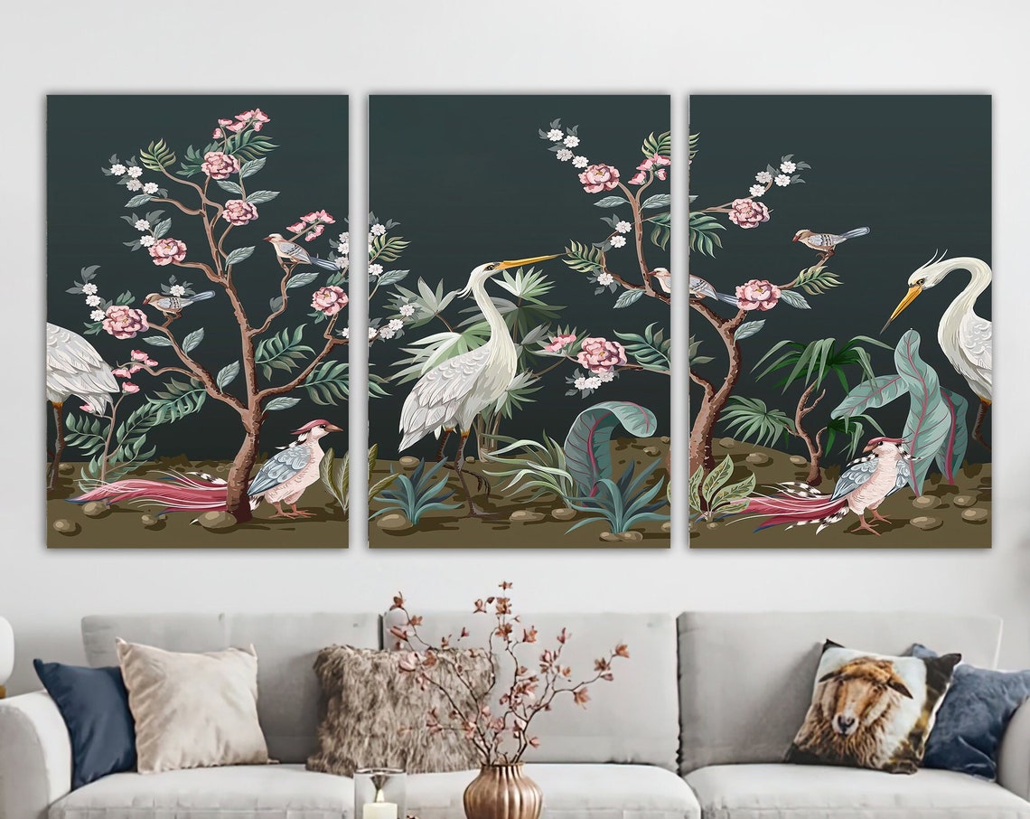 White Herons Chinoiserie 3 Panel Floral Birds Triptych Wall Art Poster