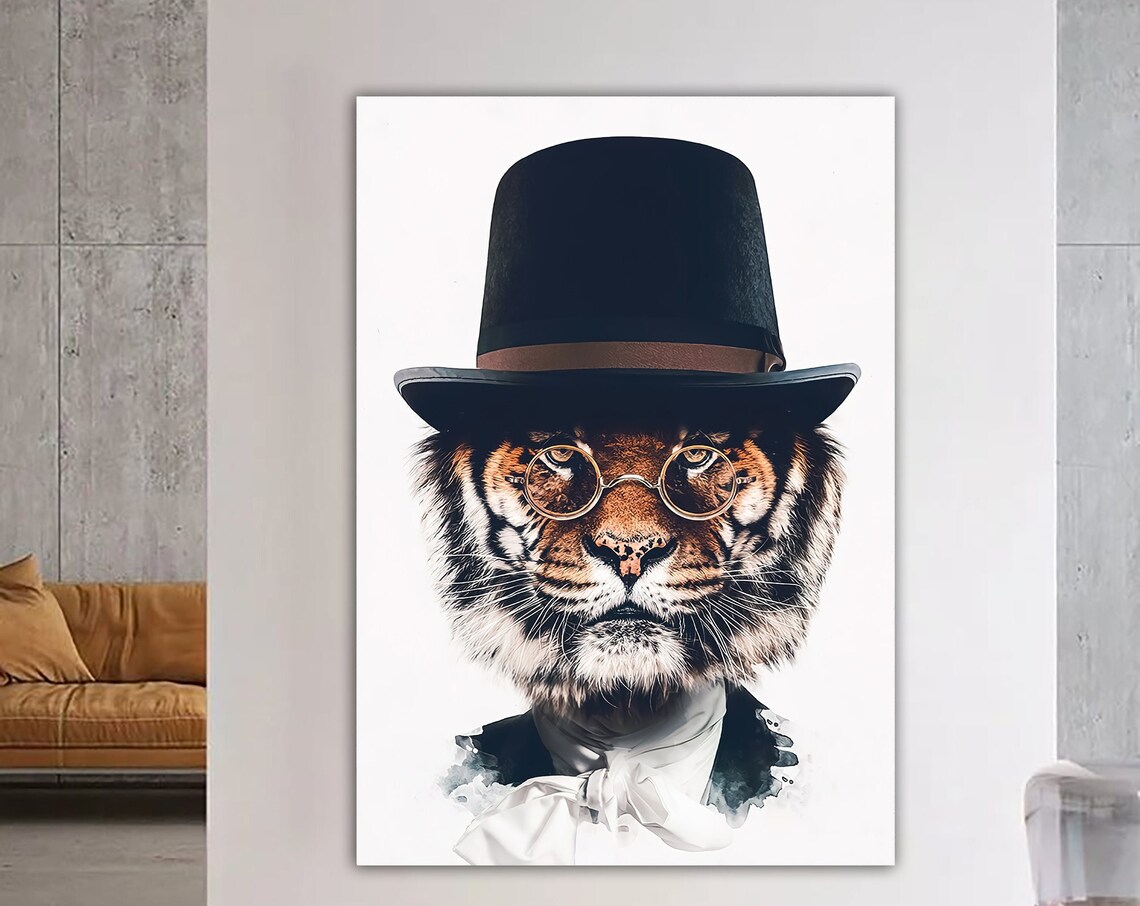 Gentleman Tiger Top Hat Glasses Bow Tie White Portrait Art Poster