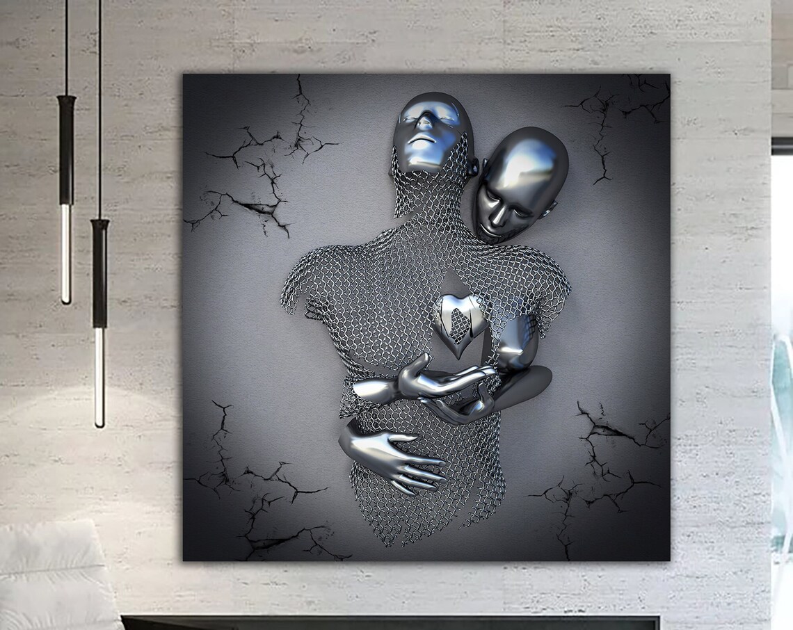 Love Couples Painting, Silver Glitter Textured