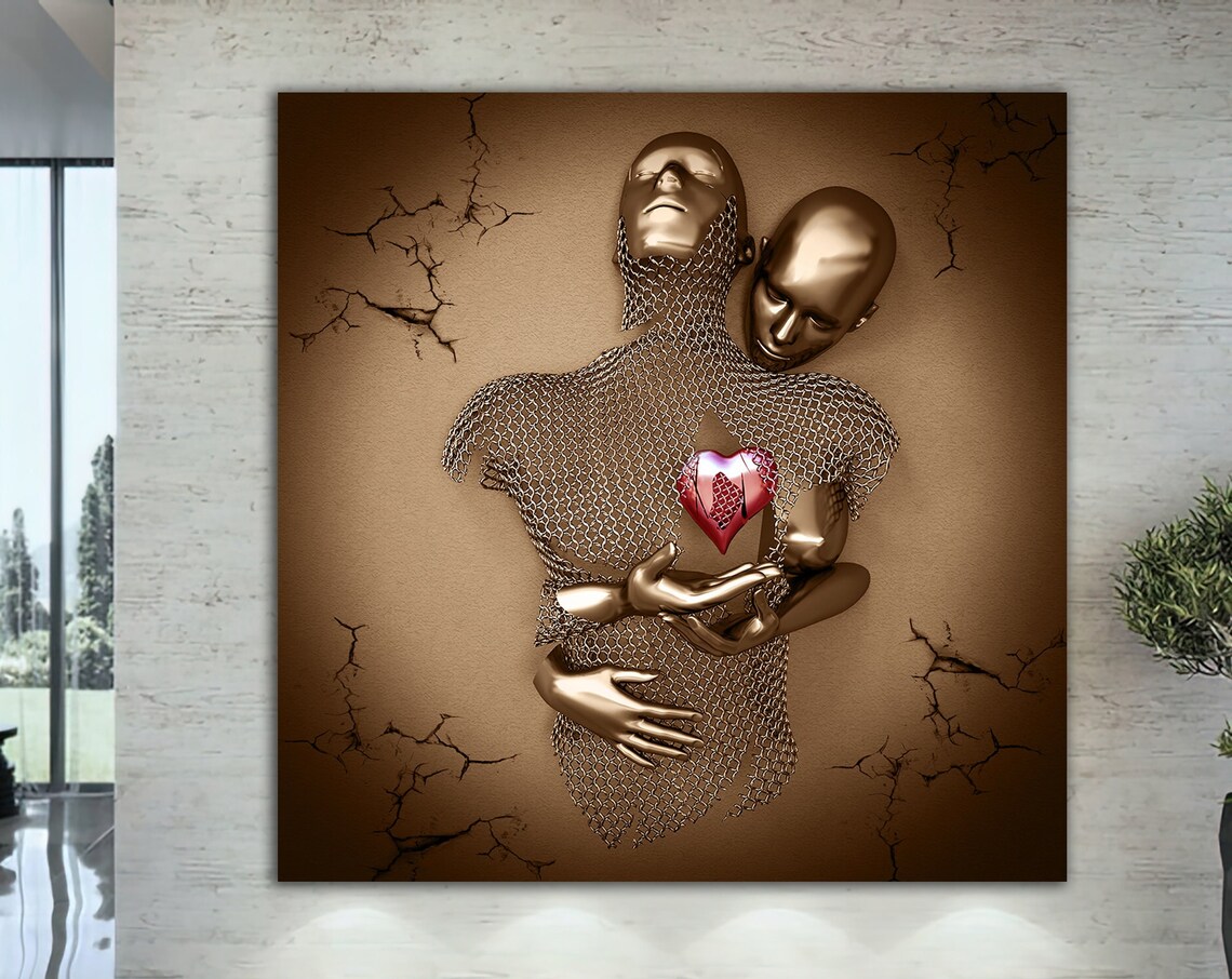 Bronze Couple Embracing Red Heart Wire Mesh Love Sculpture Poster
