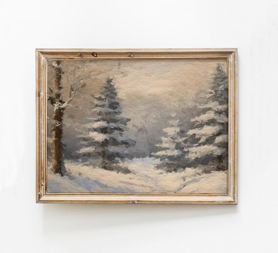 Vintage Snow Covered Pine Trees Winter Forest Landscape Poster