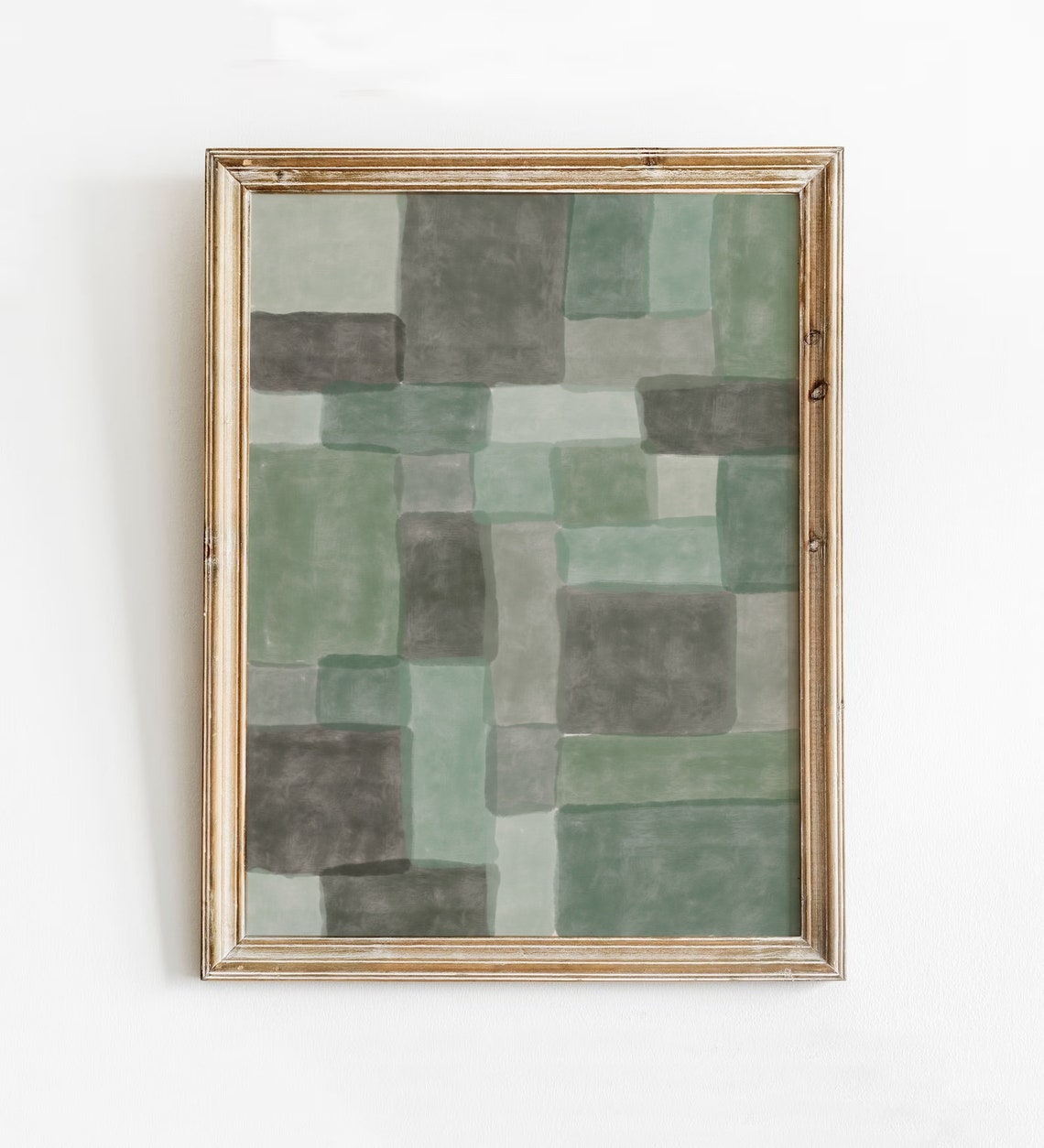 Sage Green Checkered Blocks Abstract Watercolor Modern Art Poster
