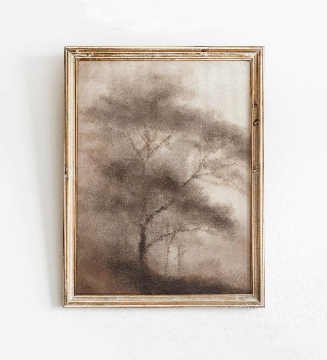 Moody Brown Tree Branches Wall Art Foggy Sepia Abstract Painting Calm