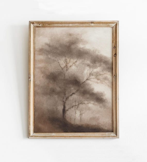 Brown Abstract Art Moody Neutral Print Landscape Watercolor Painting Modern Organic Decor Tree Field Wall Vintage Beige
