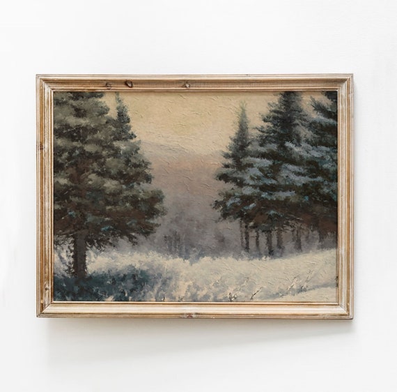 Vintage Pine Tree Landscape Painting Winter Wonderland Print Moody Forest Neutral Wall Art Snowy Trees