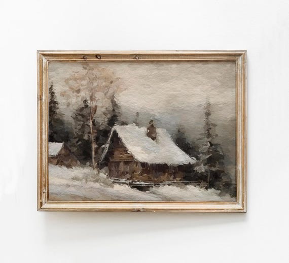 Rustic Cabin Landscape Painting Log In The Woods Print Snow Covered Forest Wall Art Moody Winter Vintage Snowy Field