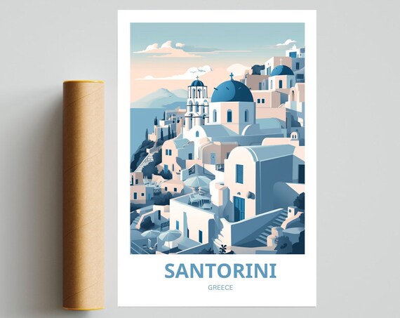 Santorini Greece Blue Domes White Village Aegean Sea Travel Poster