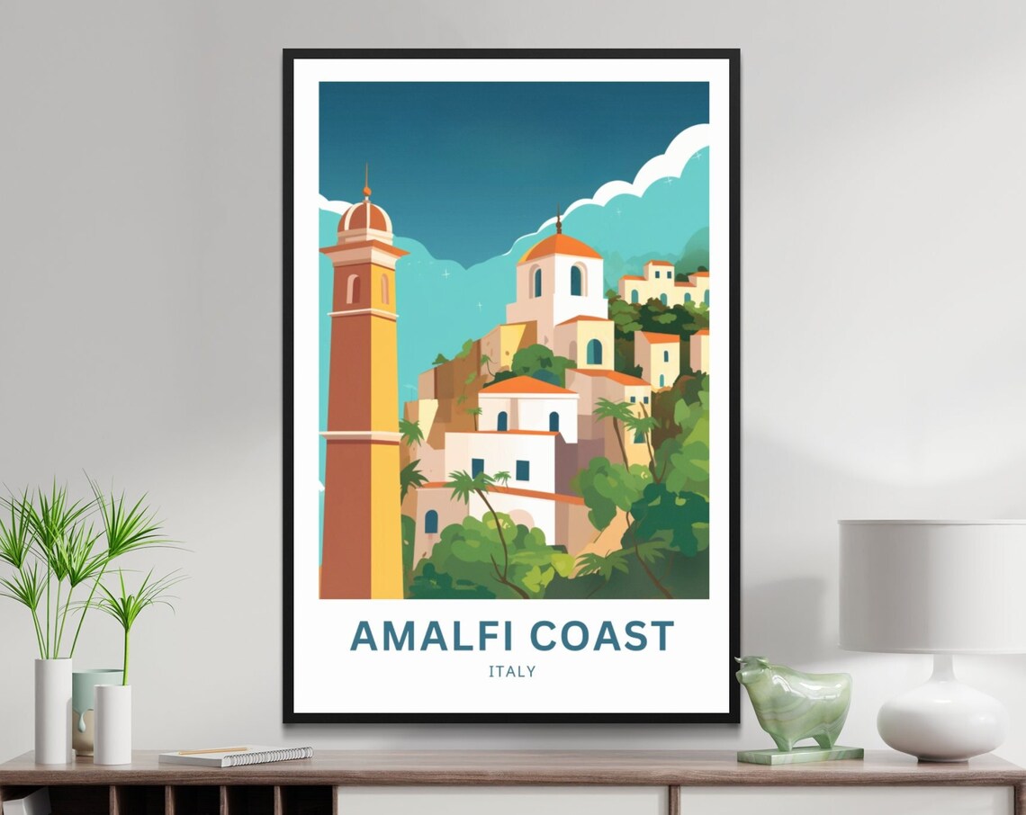 Amalfi Coast Italy Domed Church Towers Hillside Village Poster