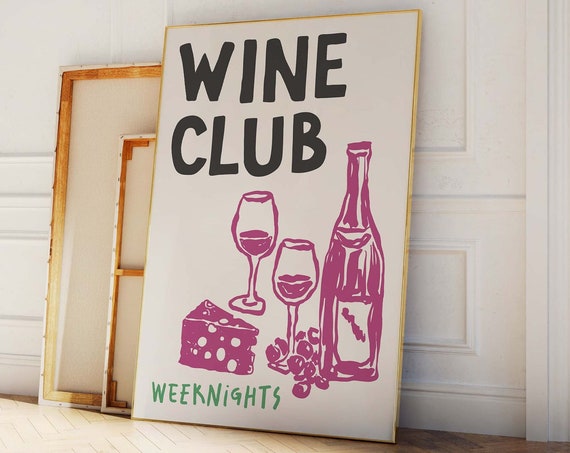 Wine Club Print Art Bar Cart Decor Trendy Kitchen Poster Cute Bar Cart Wall Artz