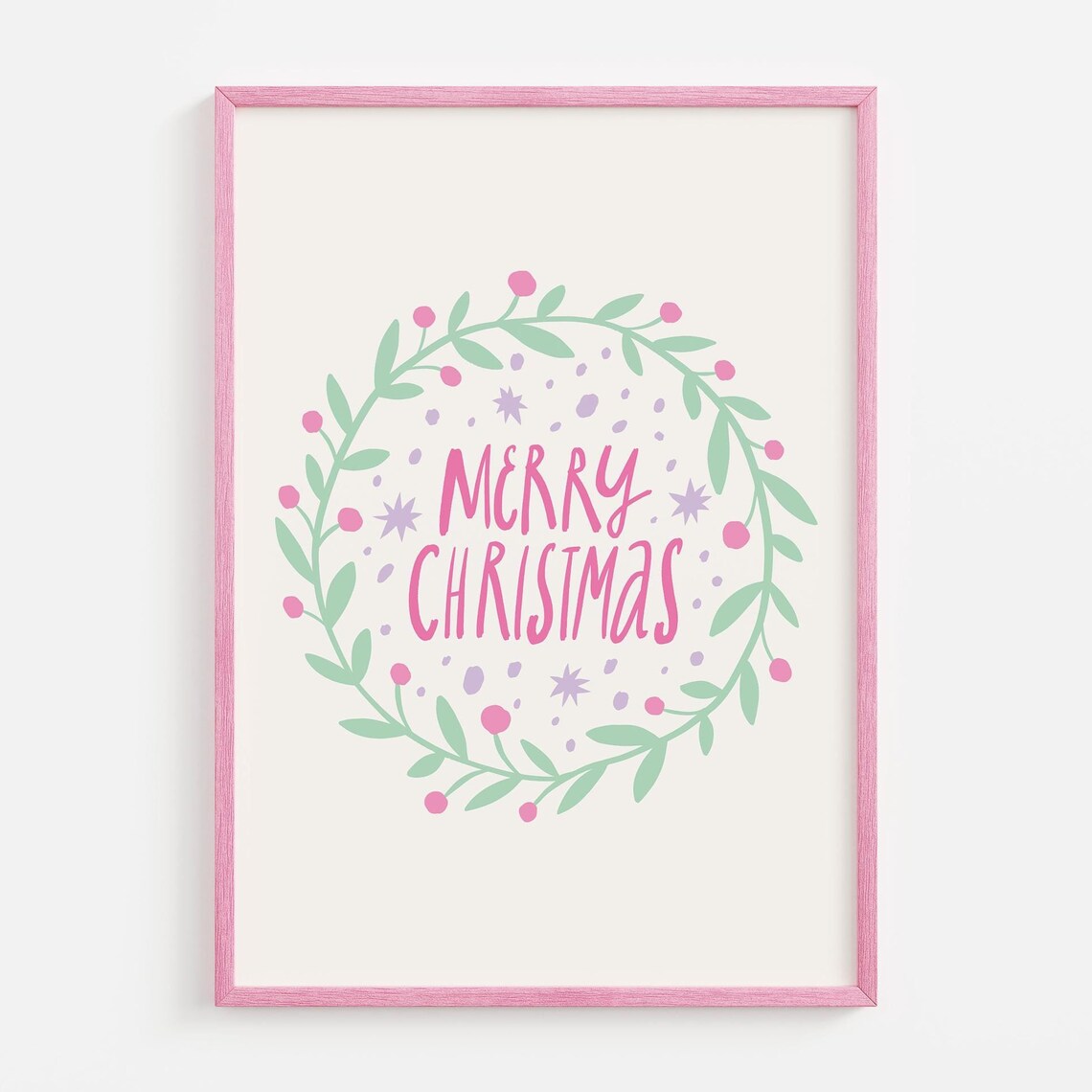 Merry Christmas Wreath Pink Berries Hand Lettered Holiday Poster