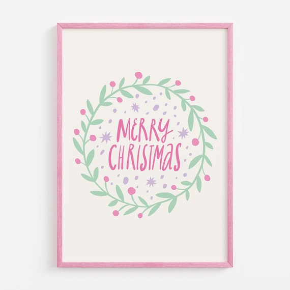 Pastel Merry Christmas Print Art Cute Pink Christmas Decor Boho Holiday Wall Art Trendy Christmas Art Print