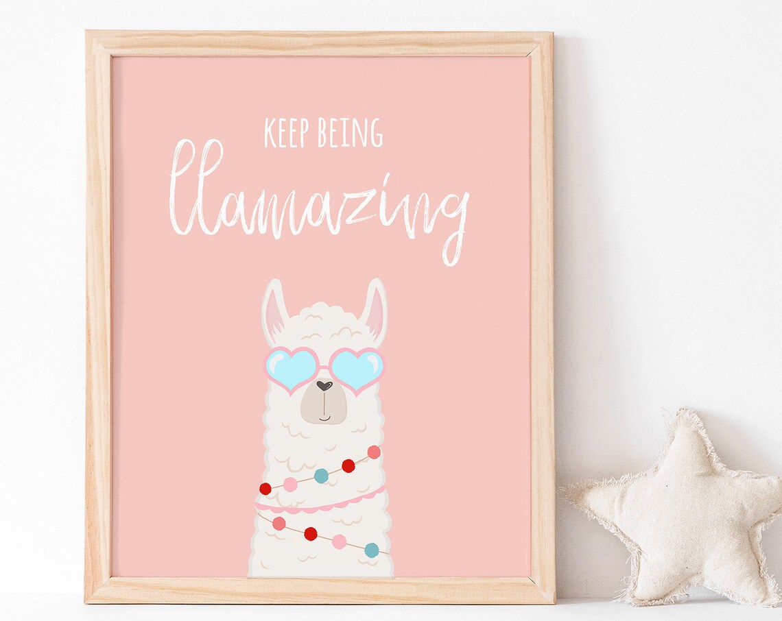 Keep Being Llamazing Cute Llama Heart Sunglasses Pink Nursery Poster
