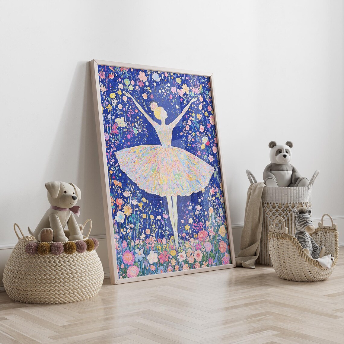 Ballerina in Floral Garden with Blue Night Sky Whimsical Dance Poster - Image 3
