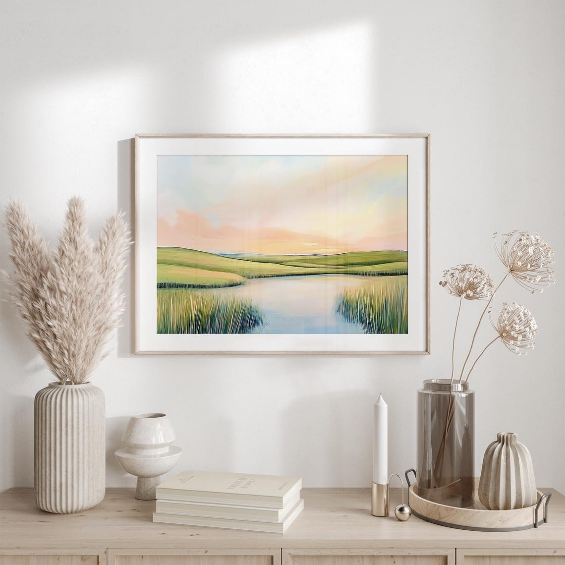 Serene Green Marsh Pond At Dawn In Soft Pastel Landscape Poster - Image 2