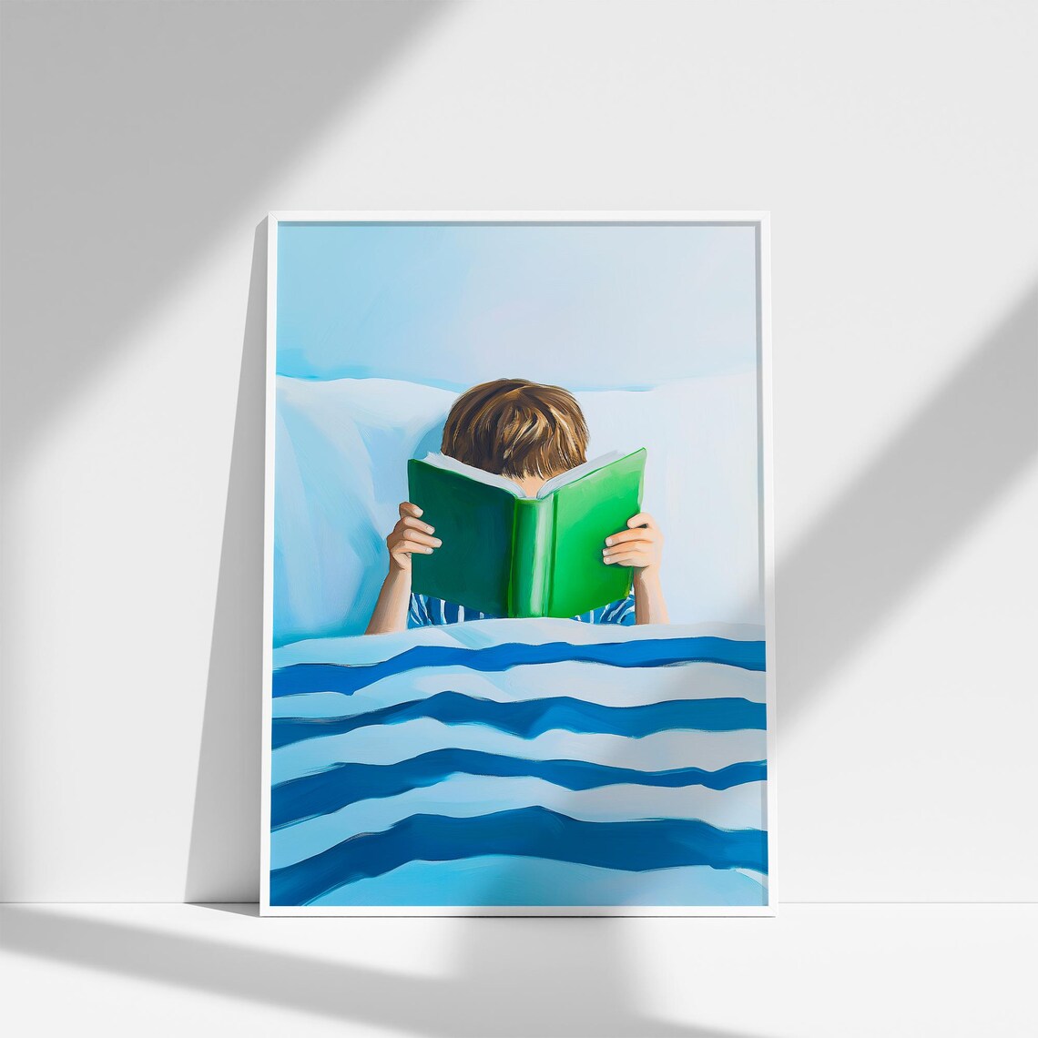 Little Boy Reading Green Book in Striped Bed Blue Bedroom Poster - Image 3