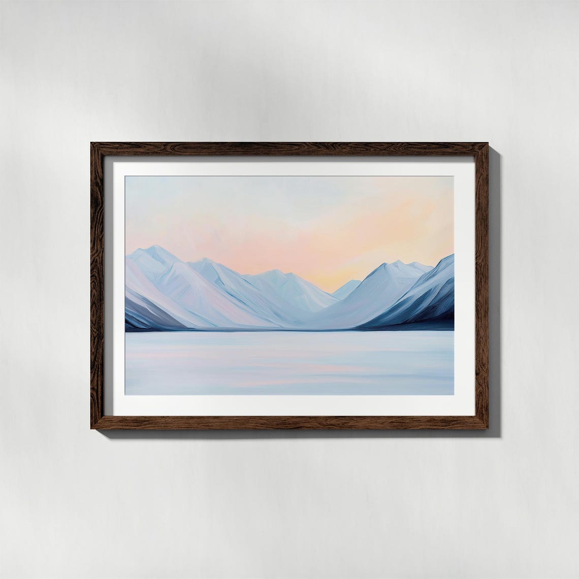 Blue Snowy Mountain Peaks Reflected In Calm Lake At Sunset Poster - Image 2
