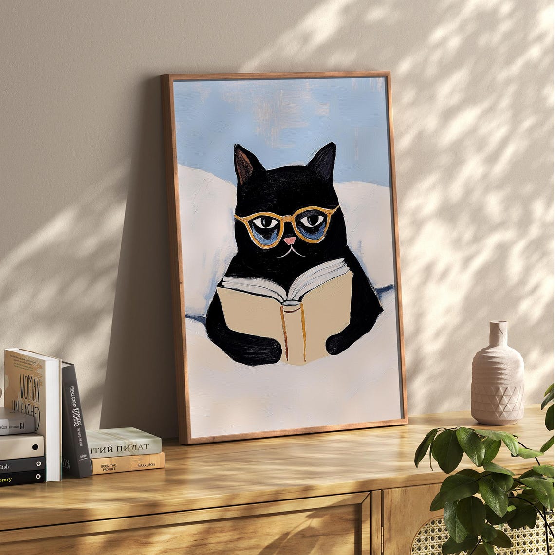Black Cat with Glasses Reading a Book Cozy Bedtime Story Poster - Image 2