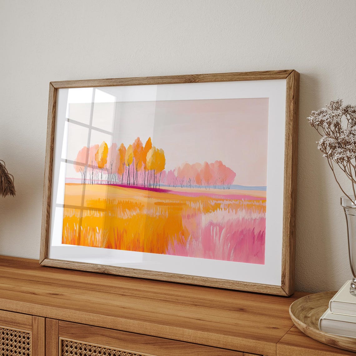 Golden Autumn Meadow With Coral Pink Trees Fall Landscape Poster - Image 6