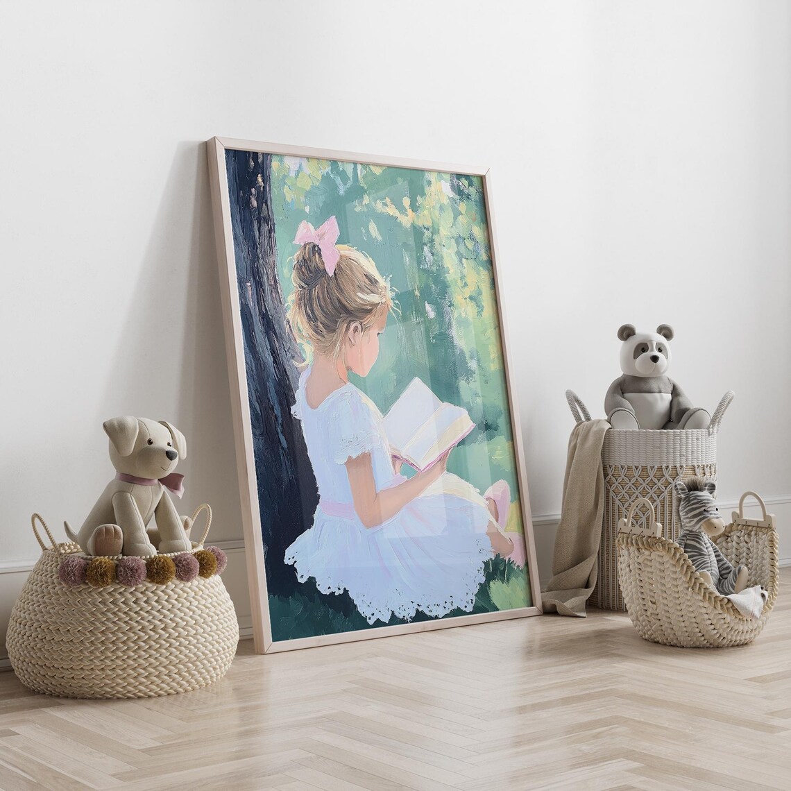Blonde Girl Reading Under Green Tree White Dress Kids Poster - Image 5
