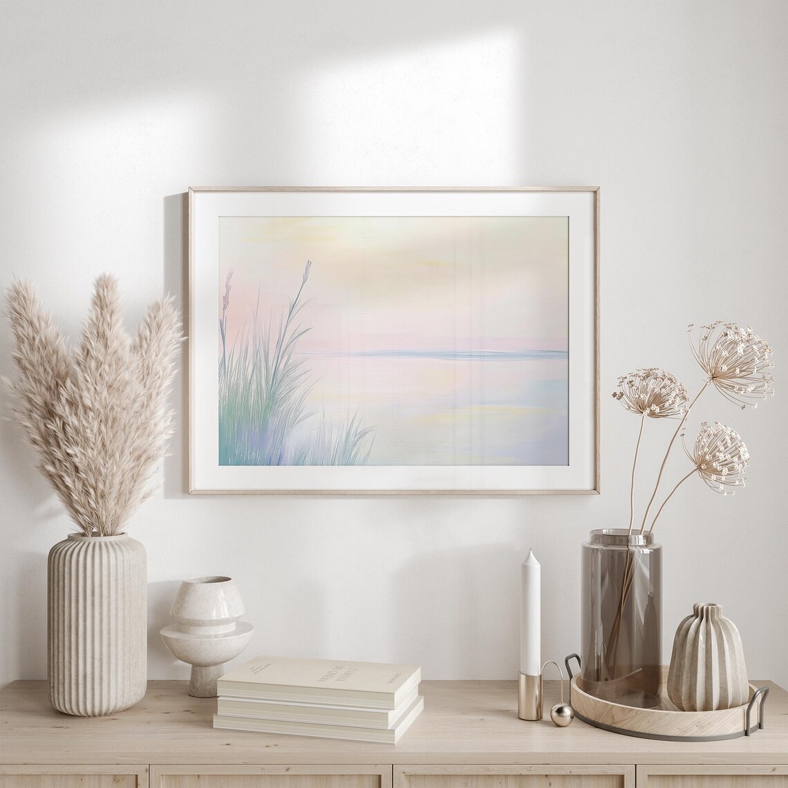 Muted Pastel Reeds at Misty Lakeside Minimalist Landscape Poster - Image 6