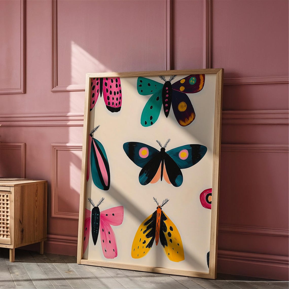 Colorful Folk Art Moths Pattern Playful Retro Insects Poster - Image 3