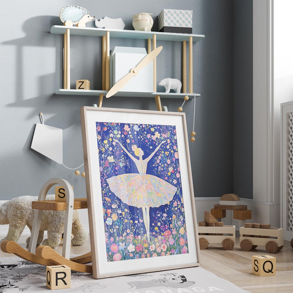 Ballerina in Floral Garden with Blue Night Sky Whimsical Dance Poster - Image 4