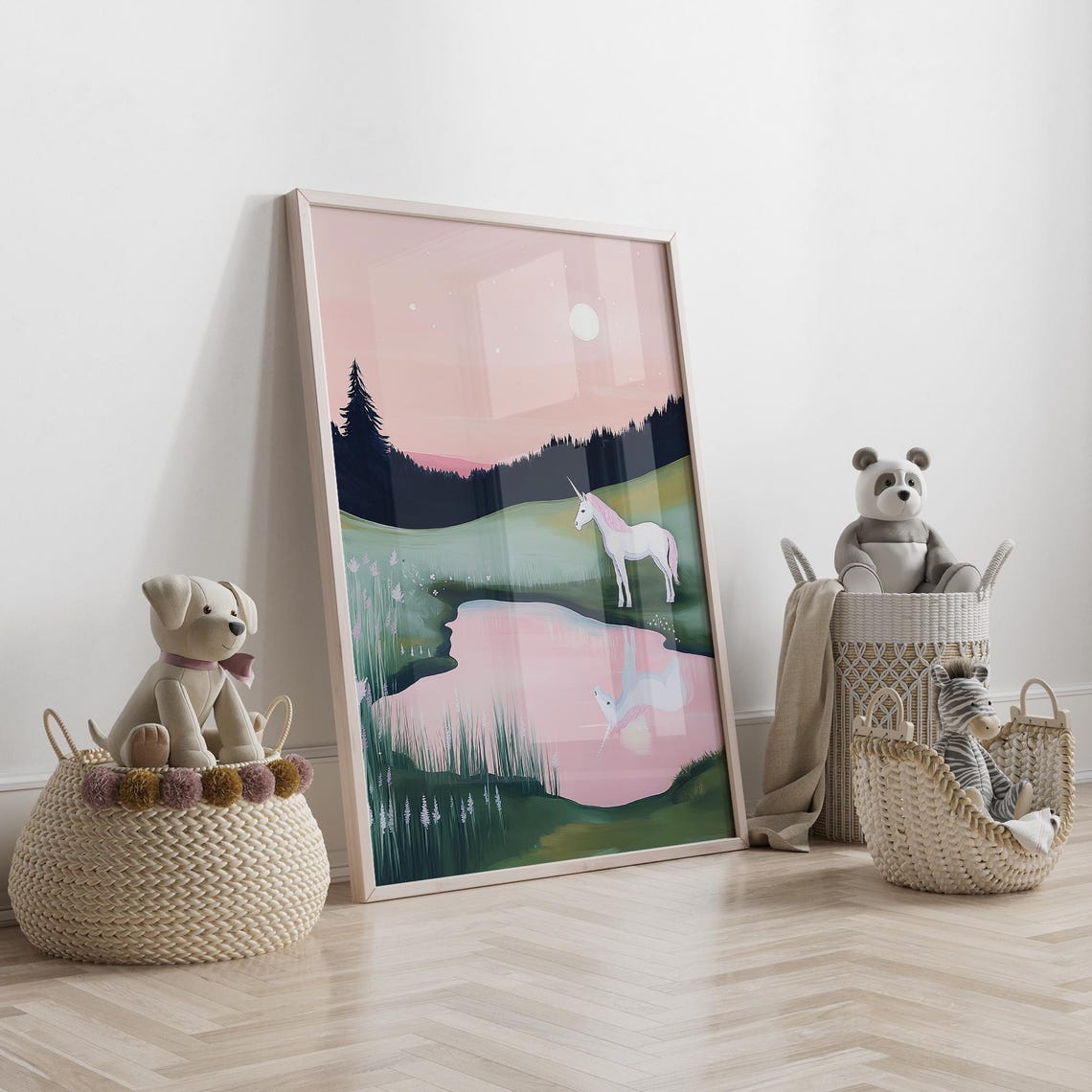 Moonlit White Unicorn At Pond Under Pink Night Sky Fantasy Poster - Image 5