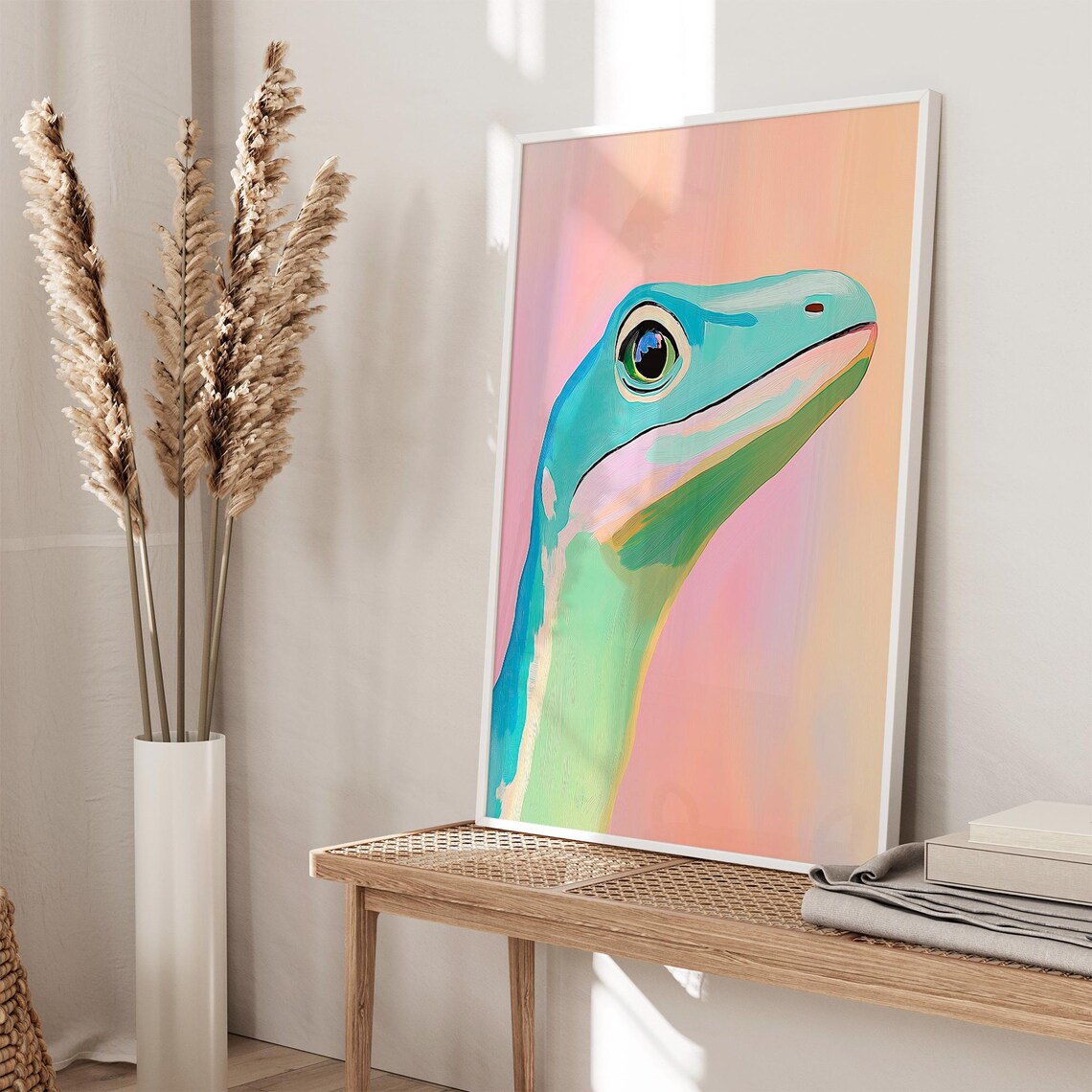Curious Green Lizard Portrait on Pastel Pink Reptile Decor Poster - Image 3