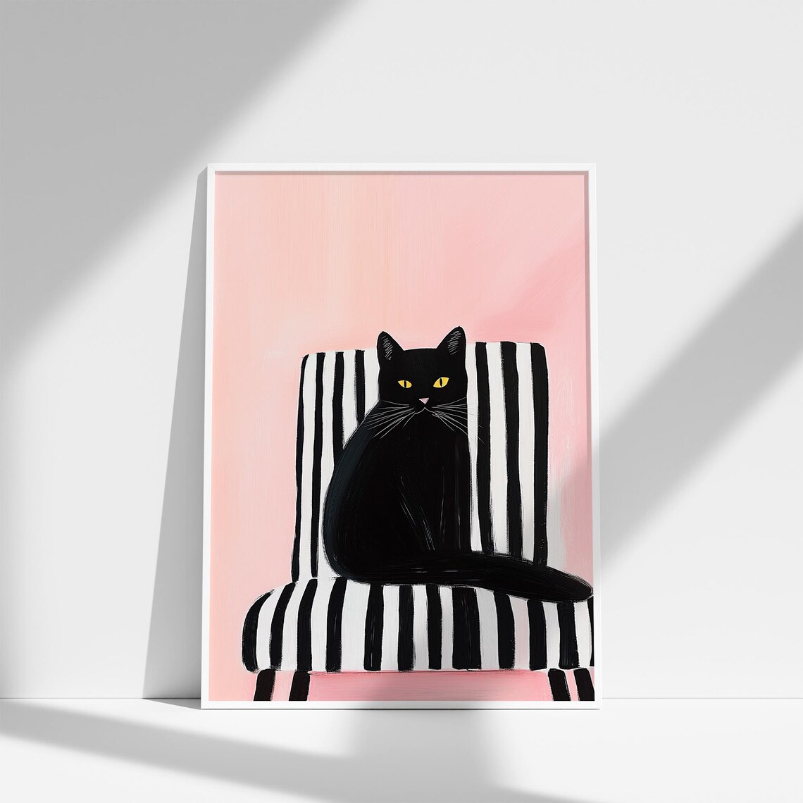 Black Cat Sitting on a Striped Chair Pink Modern Cat Lover Poster - Image 4