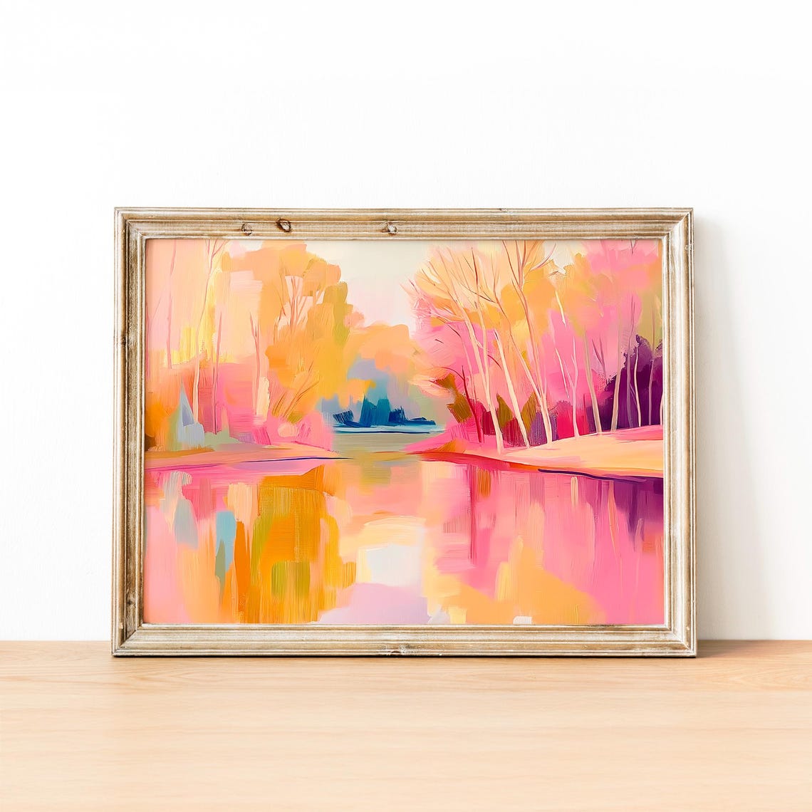 Pink Autumn Trees Glowing Beside Still Reflective Lake Poster - Image 2