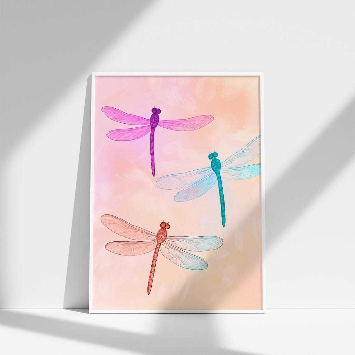 Three Colorful Dragonflies On Soft Peach Botanical Art Poster - Image 3