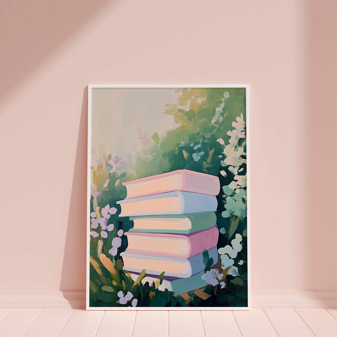 Pastel Book Stack in a Flower Garden Botanical Library Decor Poster - Image 2