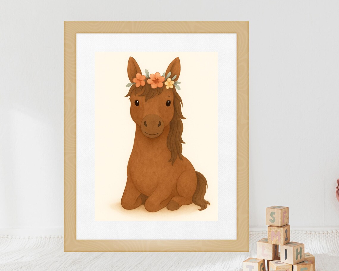 Boho Brown Horse With Floral Crown, Nursery Decor Poster - Image 3