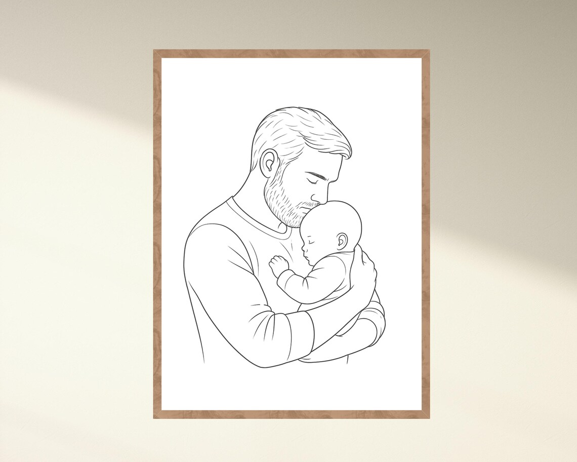 Father's Day Minimalist Line Art of Dad Holding Baby