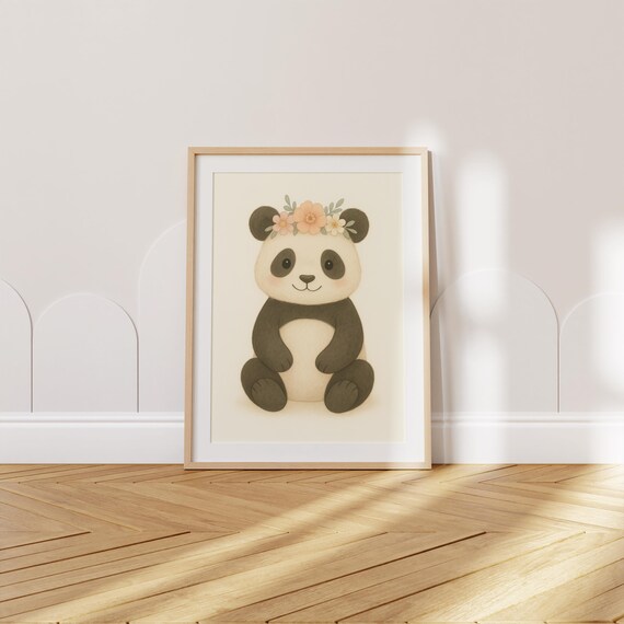 Baby Panda With Floral Crown Nursery Poster Cute Kids Room Decor