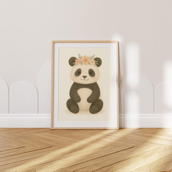 Wildlife Panda Nursery Print With Floral Crown Cute Baby Animal Wall Art Kids Room Forest Decor Instant
