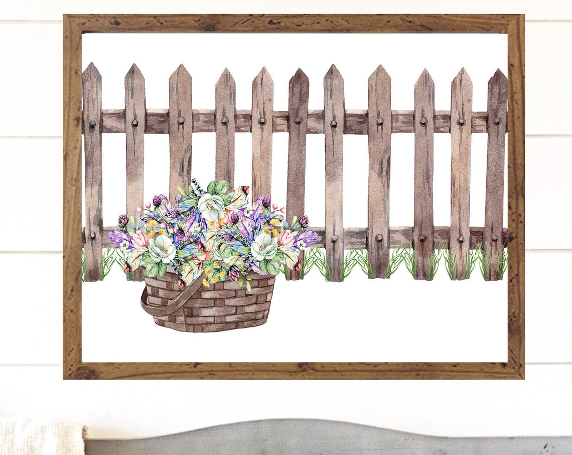 Woven Basket of Colorful Wildflowers by Rustic Picket Fence Poster