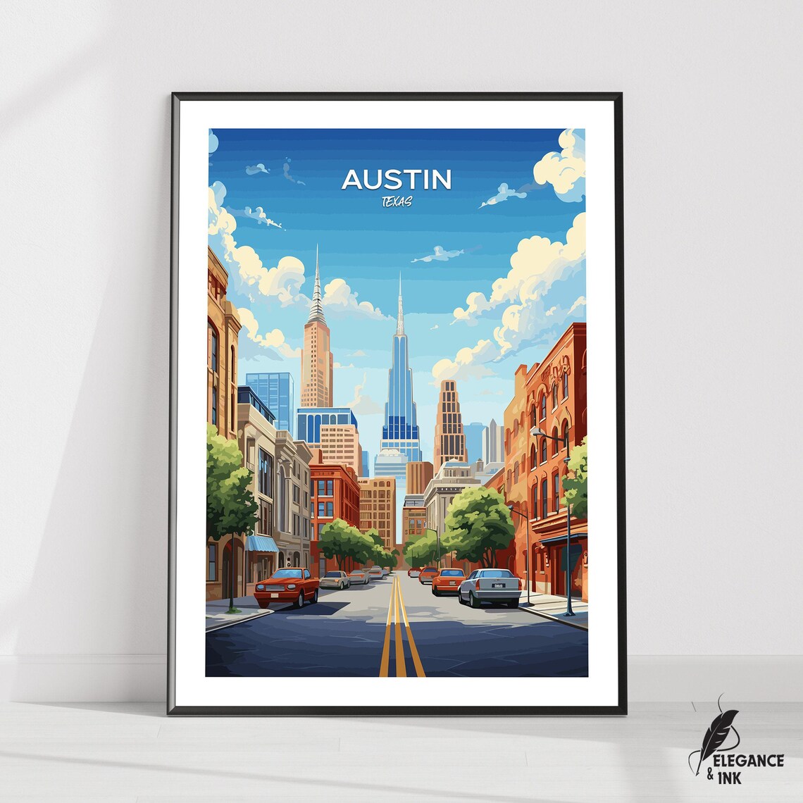 Austin Texas Retro City Street Poster With Downtown Skyline View
