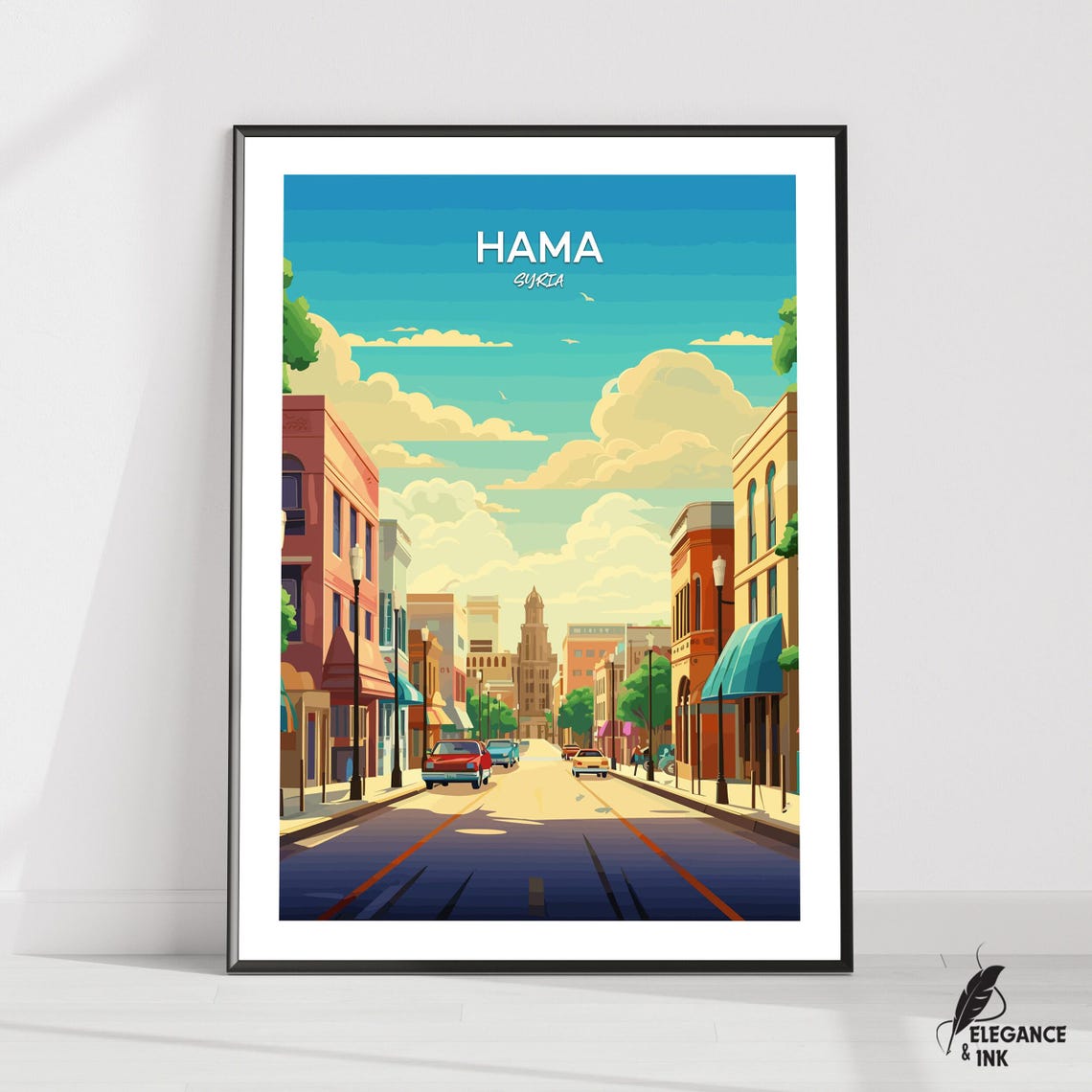 Hama Syria Downtown Street Scene Sky Lettering Travel Poster