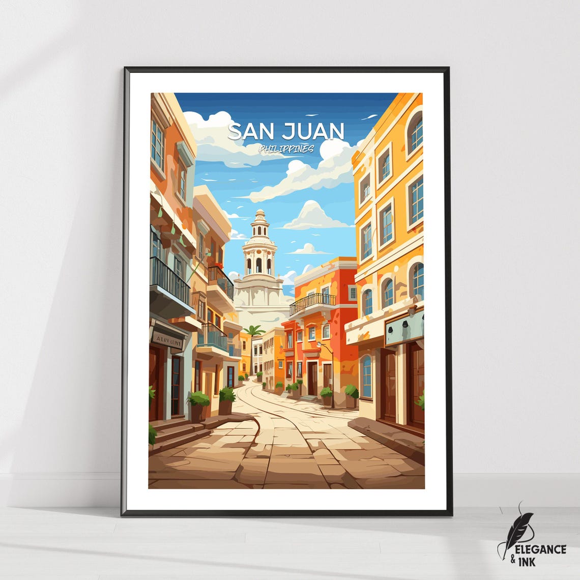 San Juan Philippines Colonial Street Church Tower Travel Poster