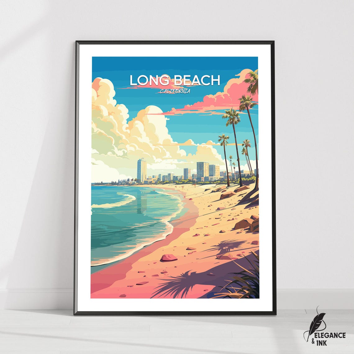 Long Beach California Sunny Beach Day Palms City Skyline Poster