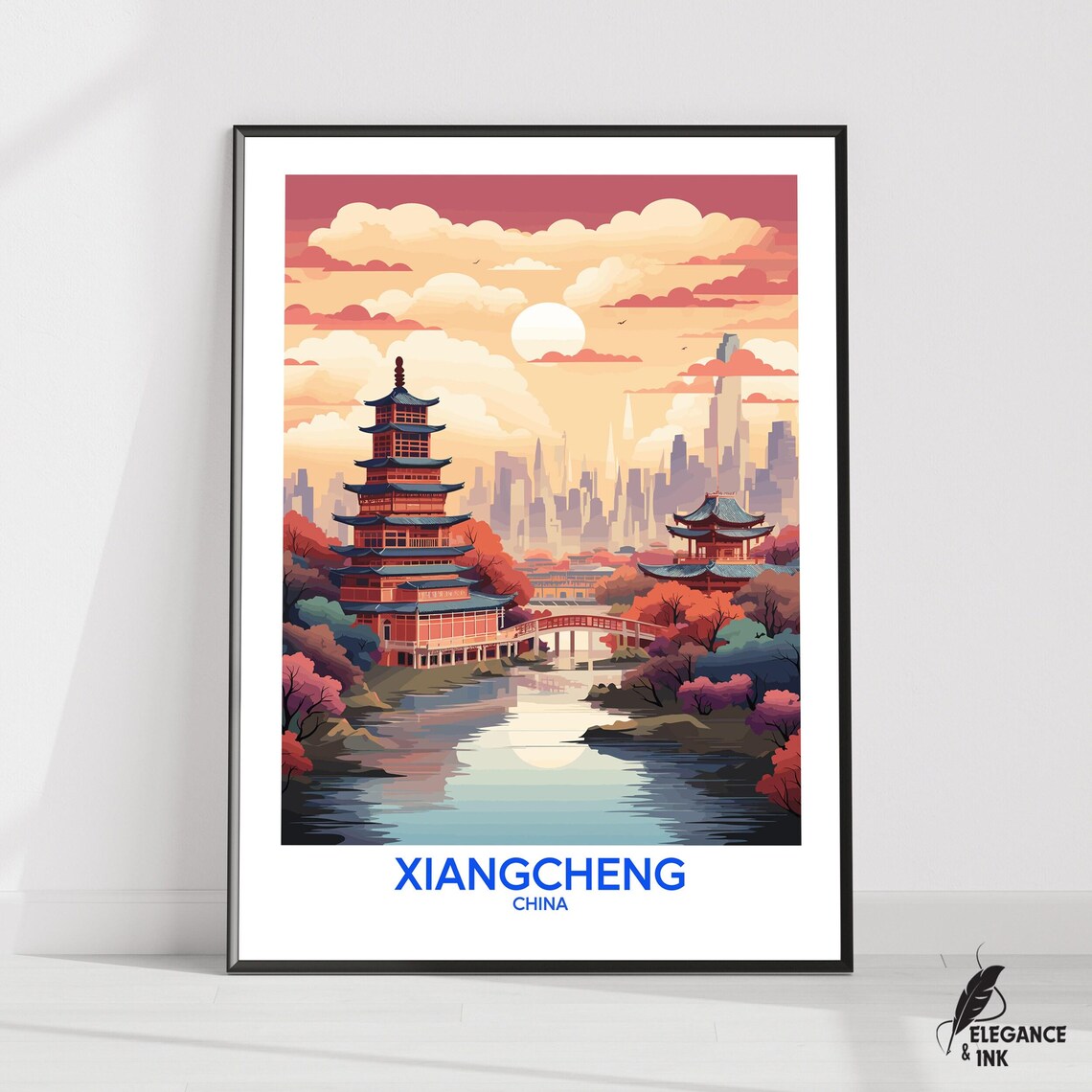 Xiangcheng China Pagoda by a Lake With Red Trees Travel Poster
