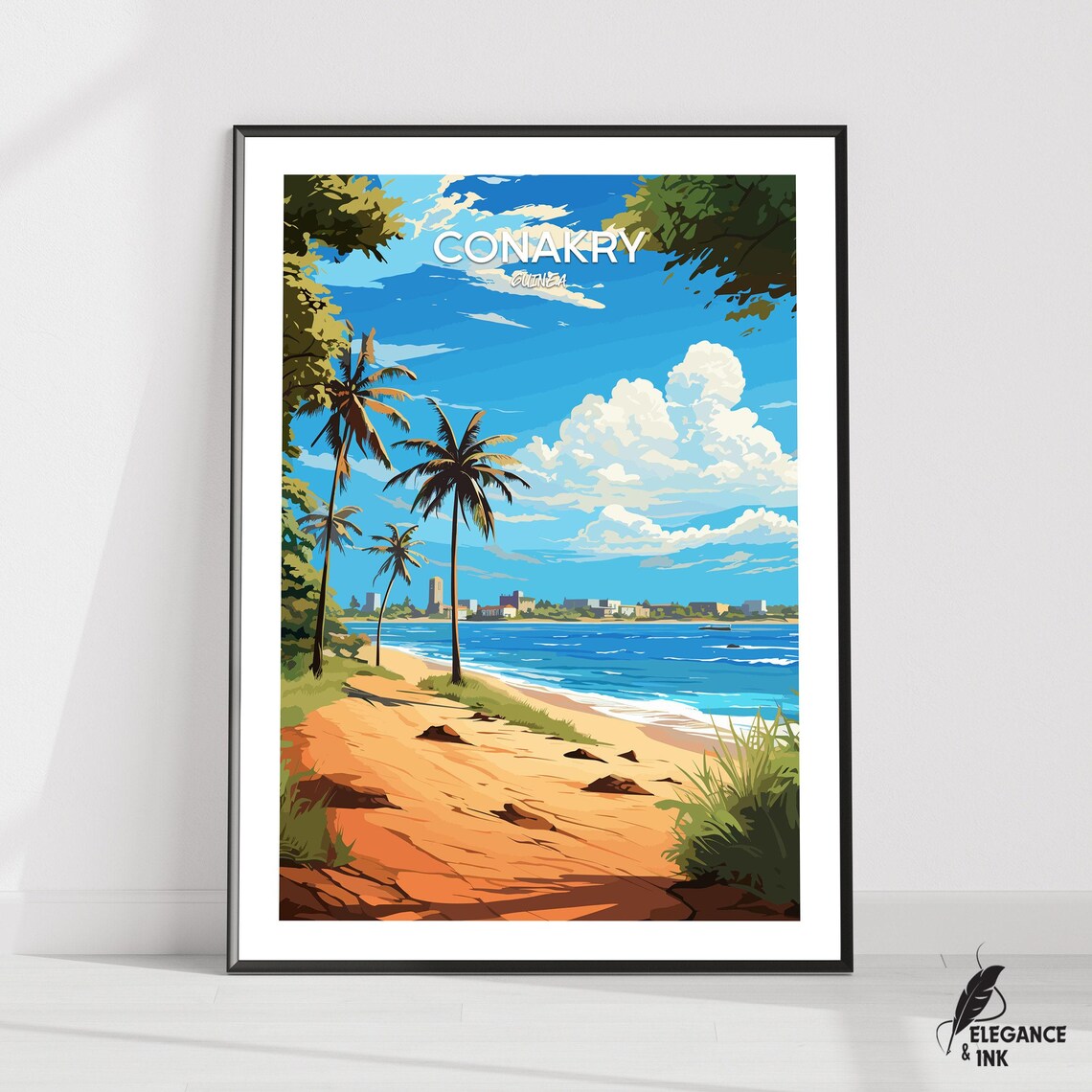 Conakry Guinea Tropical Beach Palms Vintage Illustrated Travel Poster