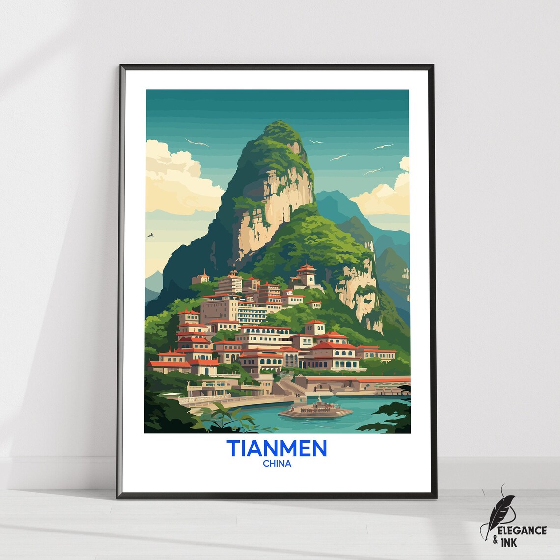 Tianmen China Riverside Town Mountain Scenic Travel Art Poster