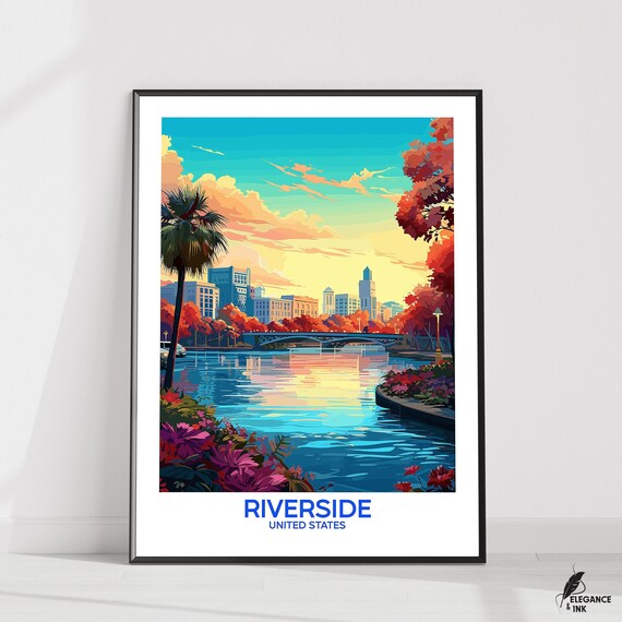 Riverside United States River Bridge Golden Sunset Scene Poster