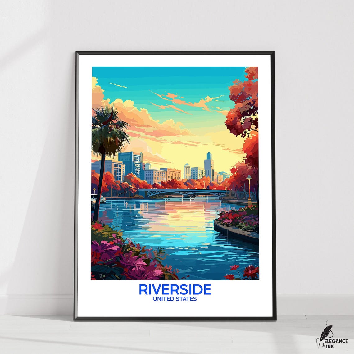 Riverside United States River Bridge Golden Sunset Scene Poster